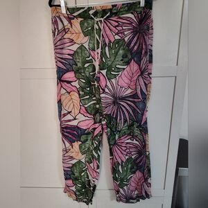 Tommy Bahama Womens Tropical Linen Pants Floral Hawaiian Tiki Drawstring Sz Lg